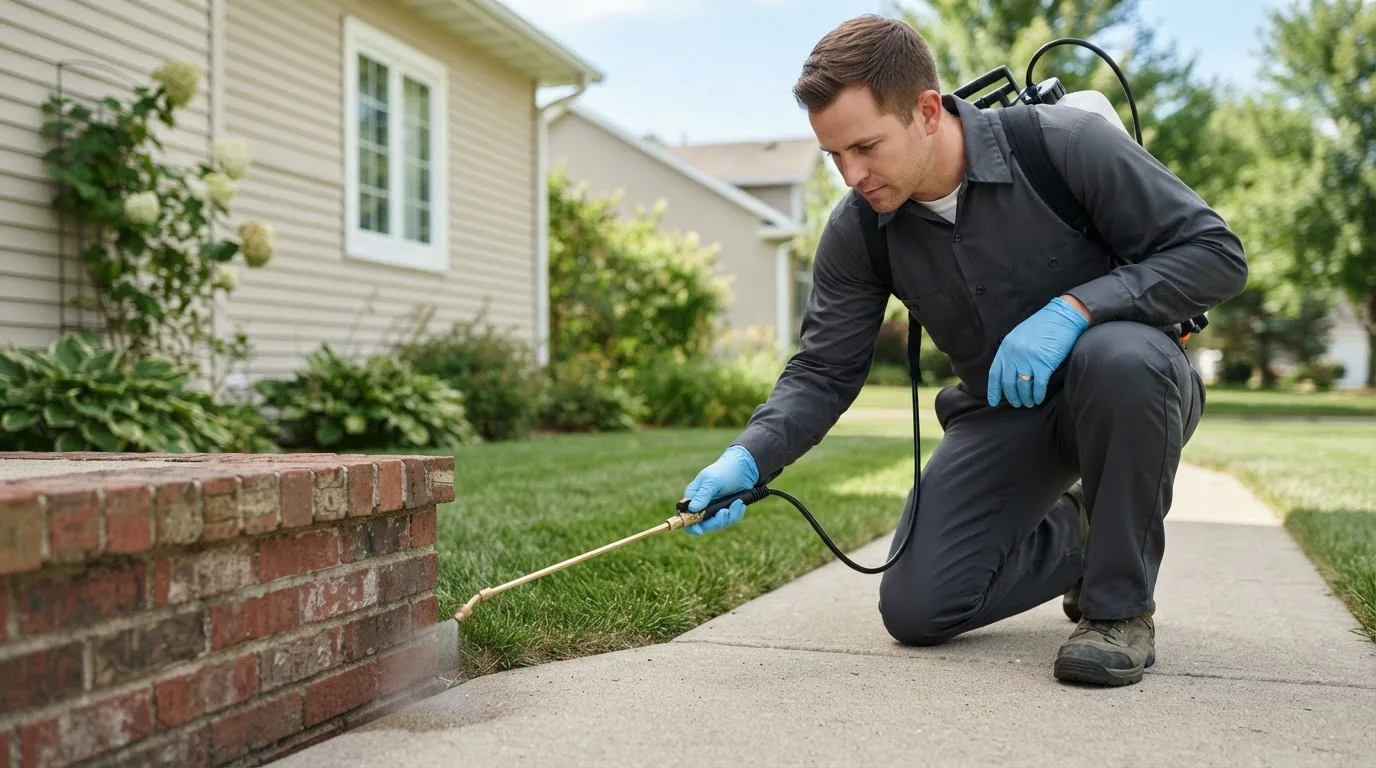 Pest control technician treating a home near Tuskahoma, OK