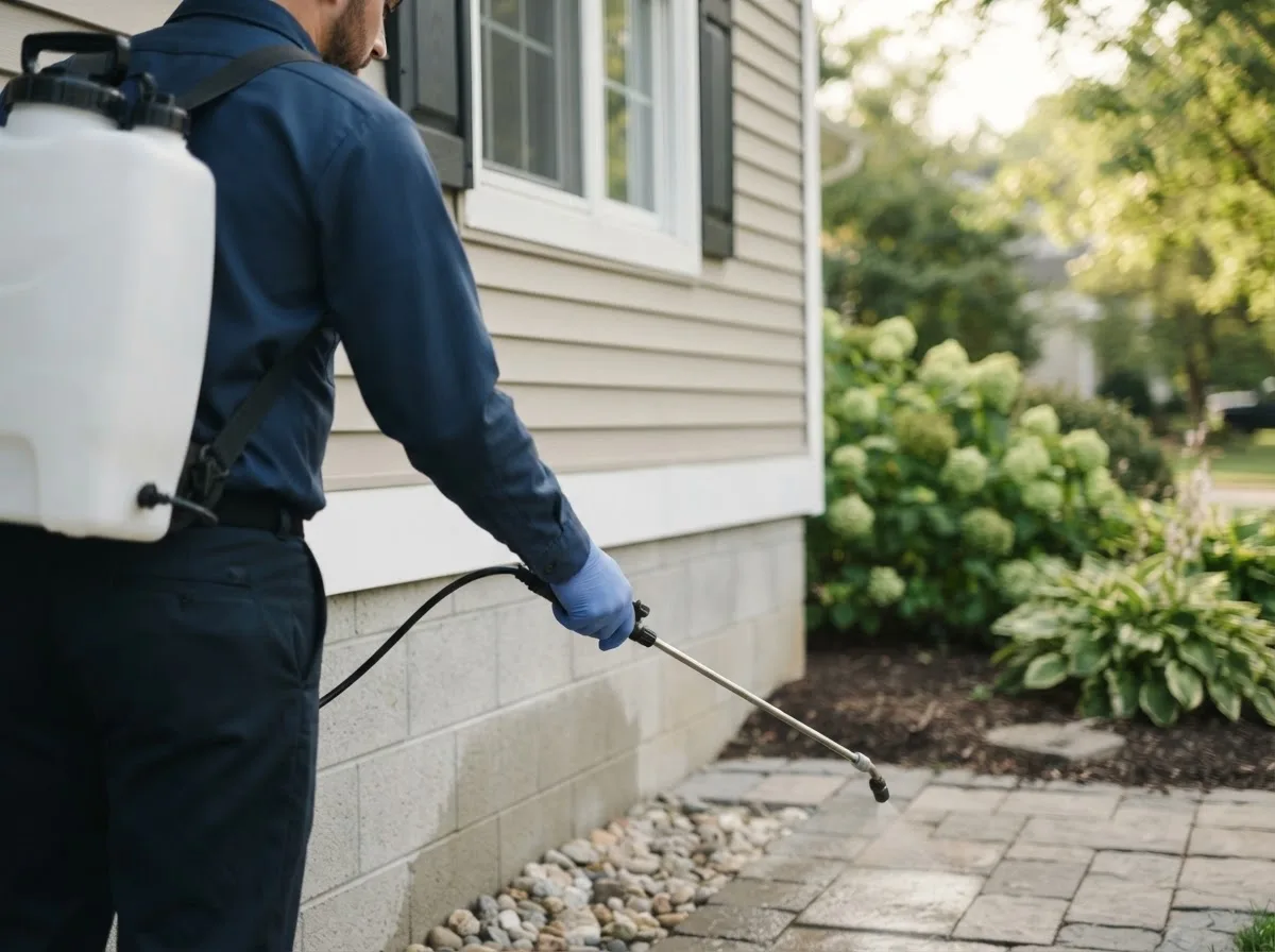 Pest control technician inspecting a home in Tuskahoma, OK